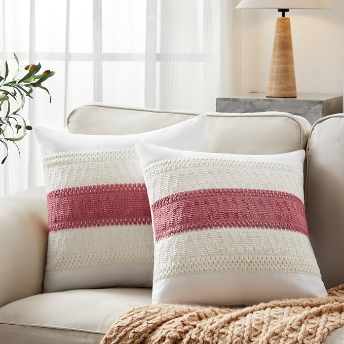2pk Boho Pillow Covers 20x20, Natural White/Contrast/Dusty Pink | 100% Organic Cotton Body, Stripe Embroidery, Farmhouse Decorative Cushion Covers for Sofa Bed Living Room Home Decor