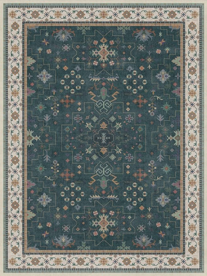 Hazo Haus Dark Green Vintage Living Room Rug 9x12 - Boho Unique Floral Victorian Decor, Washable Low Pile Non-Slip Extra Large Area Rugs for Dining Under Table Bedroom