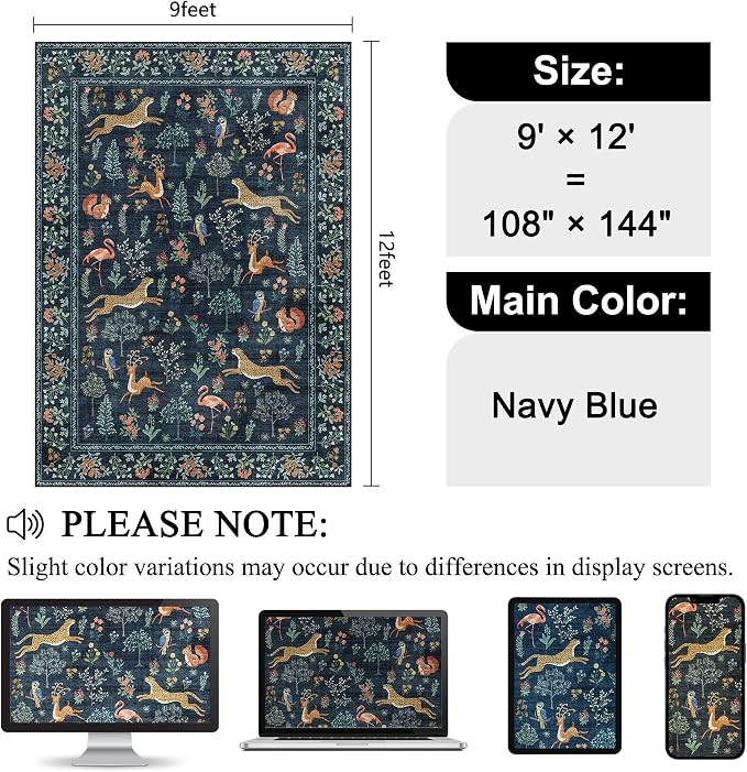 DUKINO 9x12 Area Rug for Living Room Washable Animal Rug Non Slip Navy Blue | Low Pile, Non-Shedding, Soft Indoor Large Carpet for Bedroom, Dining Room, Kids PlayRoom,Nursery, Farmhourse, Pet Friendly