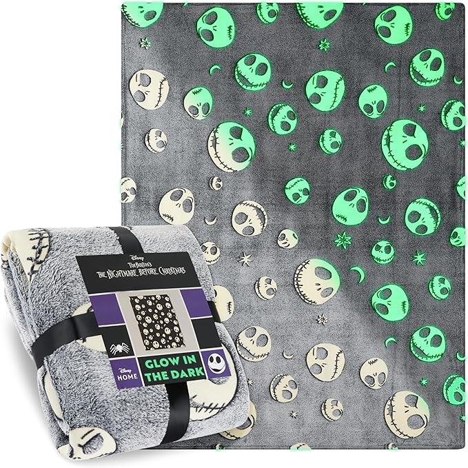 Disney The Nightmare Before Christmas Glow in The Dark Throw Blanket 51x59” for Kids Teens Adults, Soft Fleece Throw Blanket Sofa Bed, Gifts for Kids (Grey TNBC)