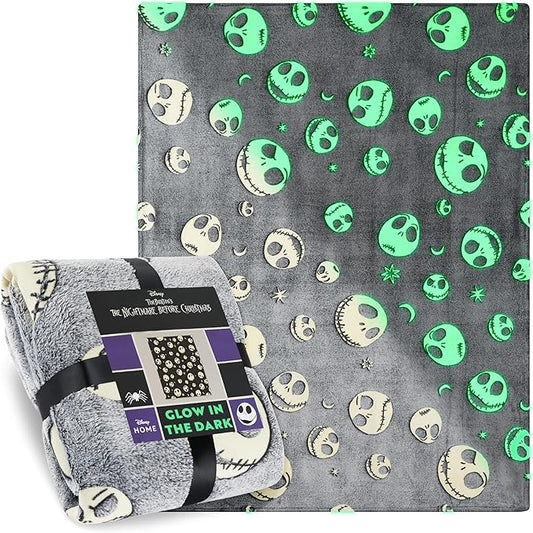 Disney The Nightmare Before Christmas Glow in The Dark Throw Blanket 51x59” for Kids Teens Adults, Soft Fleece Throw Blanket Sofa Bed, Gifts for Kids (Grey TNBC)