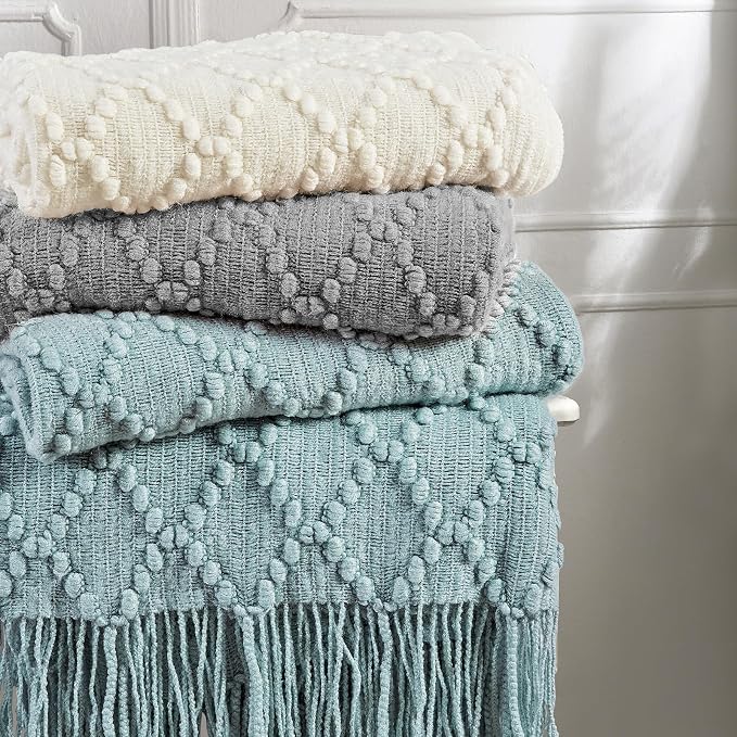 BOURINA Light Grey Throw Blanket 50 x70 Inch Jacquard Throw Knitted Blanket | Jacquard Argyle Throw Textured Solid Soft Throws and Blankets for Sofa or Bed Knitted Decorative Blanket