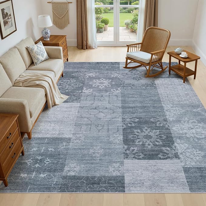 UERMEI 10x12 Area Rug for Living Room - Washable Vintage Carpet, Non-Slip Soft Large Indoor Floor Rugs for Bedroom Home Office & Under Dining Table Decor, Blue Block