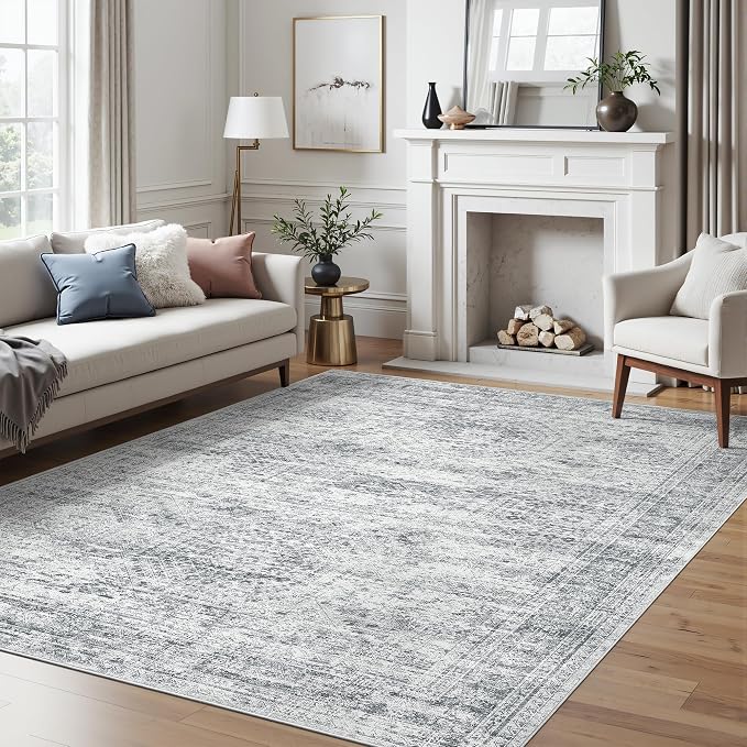 Soalmost 6x9 Area Rug for Living Room Washable Rugs Non-Slip Grey | Low-Pile Vintage Carpet for Dining Bedroom, Foldable Thin Stain Resistant Floor Mat Under Table Home Office Nursery Decor