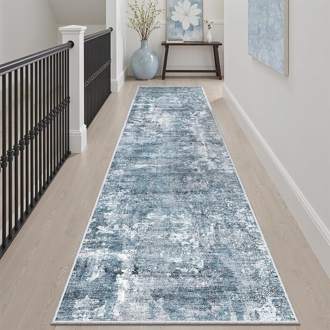 Soalmost Abstract Runner Rug 2x8 Washable Hallway Kitchen Runners Blue/Grey | Stain Resistant Vintage Rugs for Bathroom Laundry Room, Low Pile Foldable Floor Carpet Mat for Entryway Corridor Bedroom