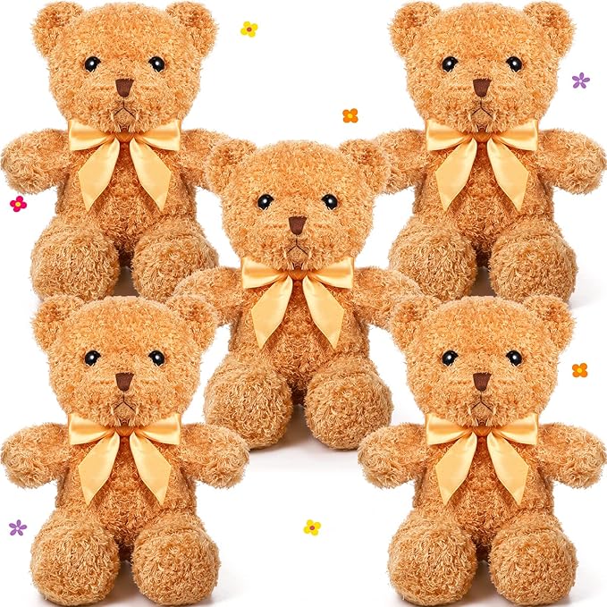 HyDren 5 Pcs Bears Stuffed Animal Soft Plush Toys Valentine 12 Inches Cute Small Shaggy Bear with Hoodie Bow Tie for Kids Boys Girls Baby Shower Birthday Party(Bow Tie Style,Light Brown)