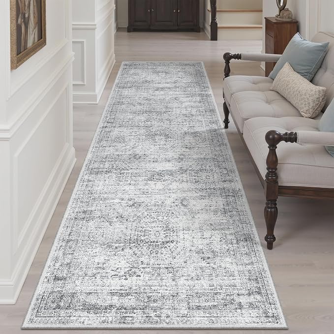 Soalmost Washable Kitchen Runner Rug 3x8 Hallway Entry Rugs Non-Slip, Grey | Vintage Runners 8ft for Bathroom Laundry Room, Foldable Low-Pile Floor Carpet Mat for Entryway Corridor Bedroom