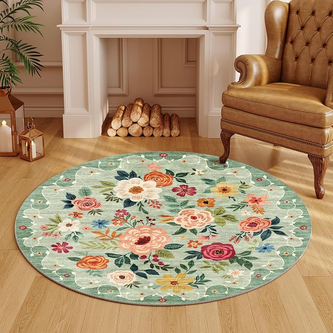 DUKINO 4ft Round Rug, Floral Washable Small Round Area Rug Non Slip, Green | Soft, Low Pile, Stain Resistant Indoor Circle Rug for Bedroom, Kitchen, Kids Room, Living Room, Pet Friendly, Home Decor