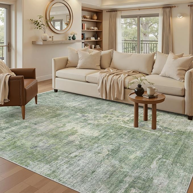 Soalmost Abstract Rug 5x7 Washable Area Rugs for Living Room, Green/Ivory | Vintage Non-Slip Indoor Accent for Bedroom Dining, Foldable Stain Resistant Floor Carpet Mat Under Table Home Office Decor