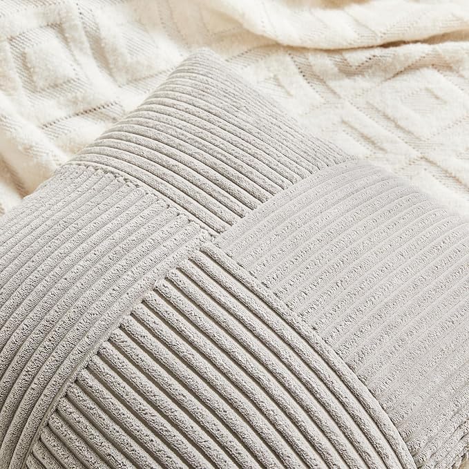 Fancy Homi 2 Packs Neutral Grey Euro Decorative Throw Pillow Covers 26x26 Inch for Couch Bed Sofa, Rustic Farmhouse Boho Home Decor, Soft Corss Corduroy Patchwork Textured Square Cushion Case 66x66 cm