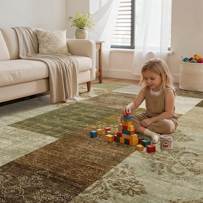 UERMEI 9x12 Area Rug for Living Room - Washable Neutral Modern Abstract Carpet, Non-Slip Soft Large Indoor Floor Rugs for Bedroom Home Office & Under Dining Table Decor, Brown/Green