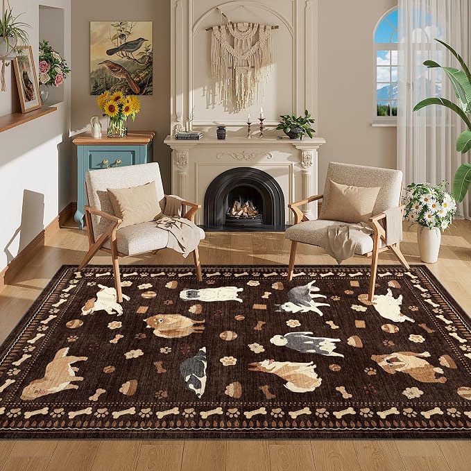 DUKINO 4x6 Area Rug, Washable Dog Rug for Living Room Non Slip, Brown | Low Pile, Stain Resistant, Soft Animal Carpet for Bedroom Office Dorm Dining Room Kids Room Farmhouse, Kid & Pet Friendly