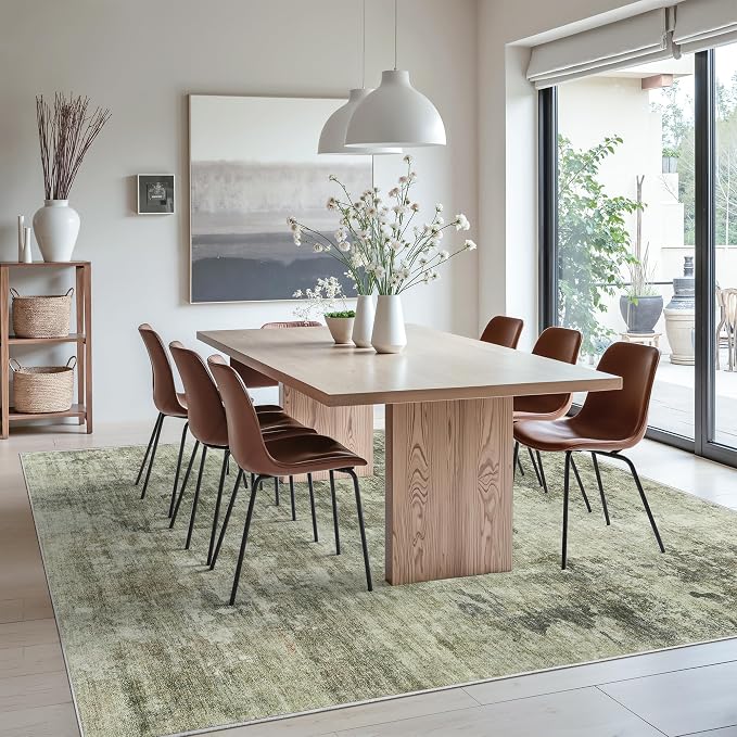 Soalmost Abstract Rug 8x10 Large Living Room Area Rugs Washable Green Black | Modern Non-Slip Carpet for Dining Bedroom, Stain Resistant Foldable Thin Low Pile Floor Mat Under Table Home Office Decor