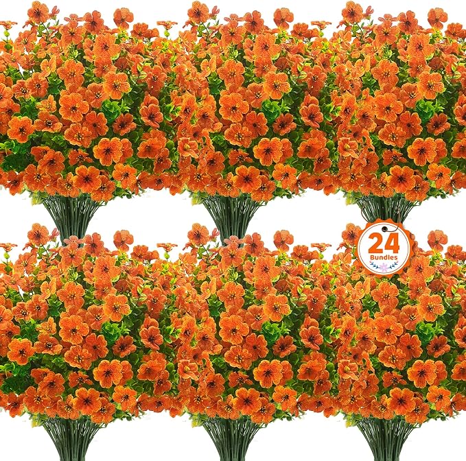 Ouddy Decor 24 Pcs Artificial Fall Flowers, Fake Mums for Outdoors, Orange | Lifelike faux mums, silk flower, UV resistant, no-maintenance, for autumn Thanksgiving garden porch yard indoor outdoor decor