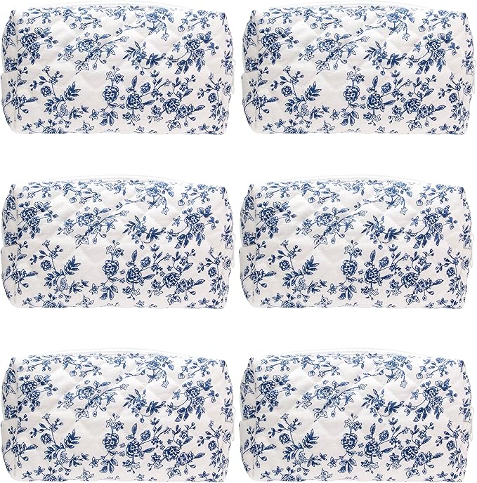 PAZIMIIK Small Quilted Makeup Bag,Zipper Cosmetic Pouch,Jouy Blue,6 Pack | Lightweight Cosmetic Bag Organizer for Women,Purse Storage Holds Makeup,Toiletries,Skincare,Beauty Essentials,Travel Items