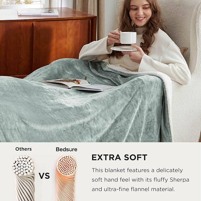 Bedsure GentleSoft Sherpa Fleece Cal King Blankets for Bed, Non-Heated, Thick and Warm Oversized Throw for Women and Men, Soft Fuzzy Plush Large Blanket for Winter, Sage Green, 112x98 Inches