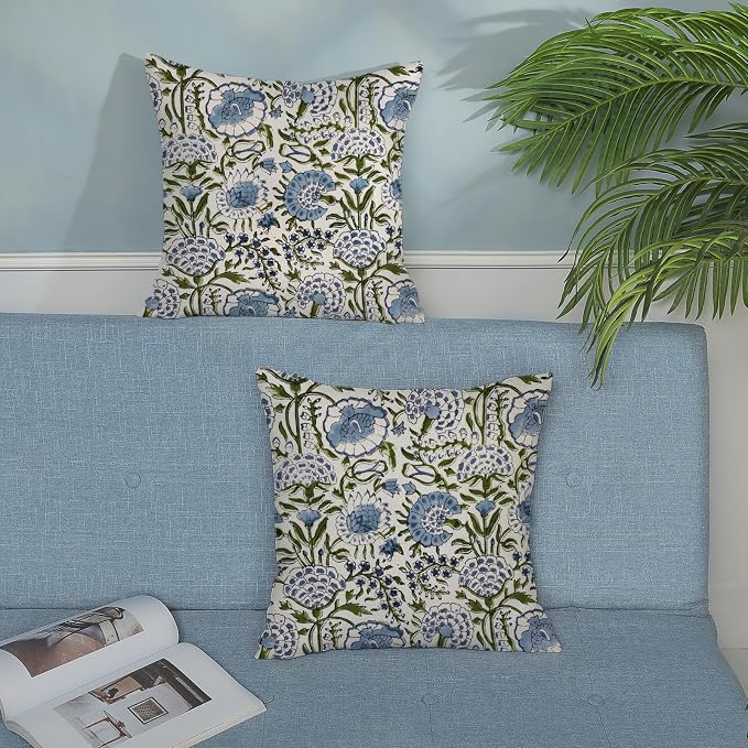 Boho Navy Blue Pillow Covers 18x18 Inch Set of 2 Blue Sage Green Floral Throw Pillows Vintage Flower Outdoor Decorative Pillow Cases Farmhouse Linen Cushion Cover Decor for Couch Sofa Decor