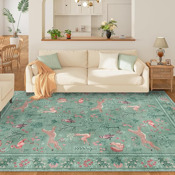 DUKINO 6x9 Area Rug, Washable Animal Living Room Rug Non Slip, Teal | Soft, Low Pile, Non-Shedding Indoor Large Carpet for Bedroom, Dining Room, Kids PlayRoom, Farmhouse, Pet Friendly, Home Decor