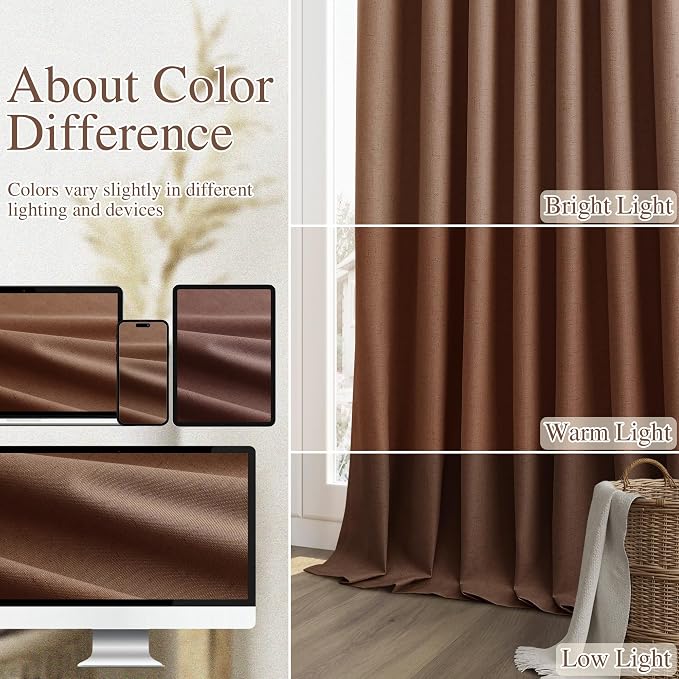 Rustic Brown 100% Blackout Linen Curtains 84 Inch Length 2 Panels Set for Living Room Bedroom Back Tab Thermal Insulated Black Out Drapes Room Darkening Farmhouse Style for Bedroom Window Curtains
