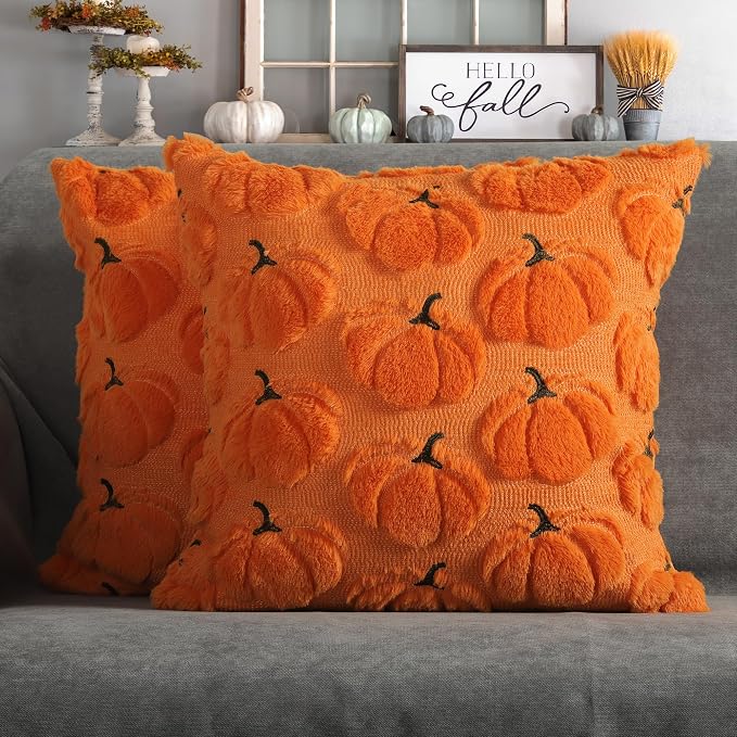 Fall Pumpkins Decorative Pillow Covers 20x20 Set of 2, Orange Soft Plush Faux Fur Wool Farmhouse Throw Cushion Cases for Autumn Thanksgiving Holiday Home Decorations