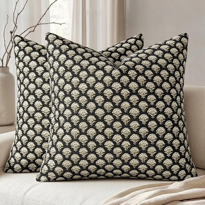 MIULEE Floral Print Decorative Pillow Covers Fall 20x20, Black Gold | Vintage Boho Farmhouse Modern Home Decor, Set of 2, Block Print Cushion Covers for Couch Sofa Bed Living Room