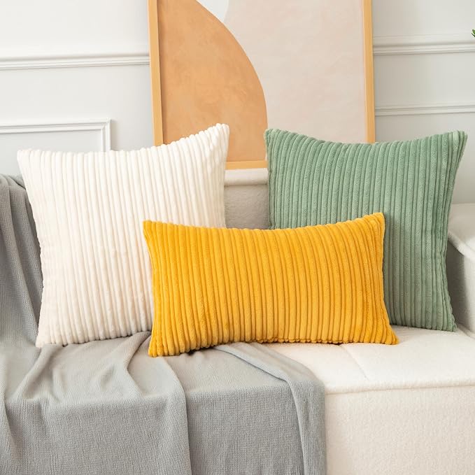UGASA 18x18 Inch Soft Throw Pillow Cover Corduroy Striped Solid Square Cushion Case Boho Farmhouse for Couch Bedroom Sofa Home, 1 Piece, Sage Green