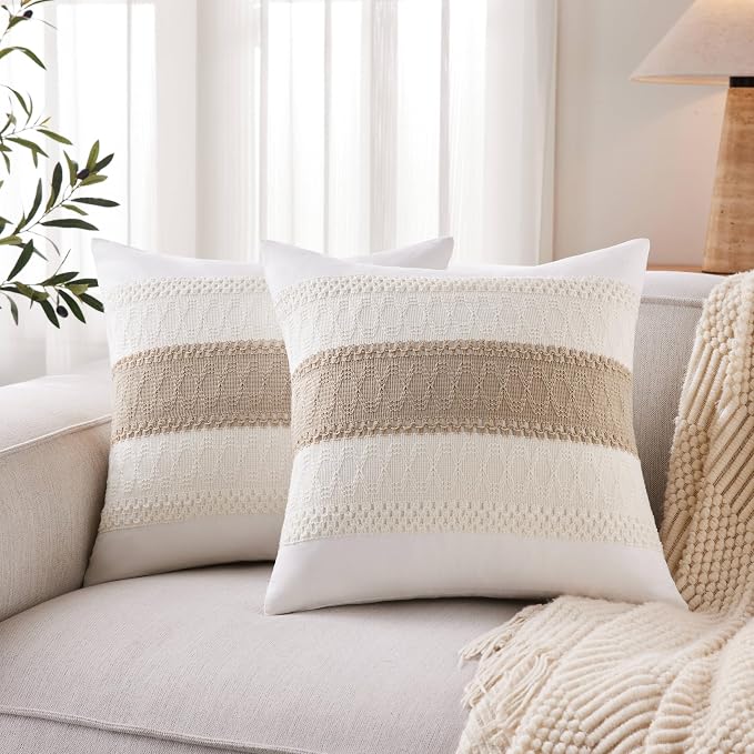 2pk Boho Pillow Covers 16x16, Natural White/Contrast/Taupe | 100% Organic Cotton Body, Stripe Embroidery, Farmhouse Decorative Cushion Covers for Sofa Bed Living Room Home Decor