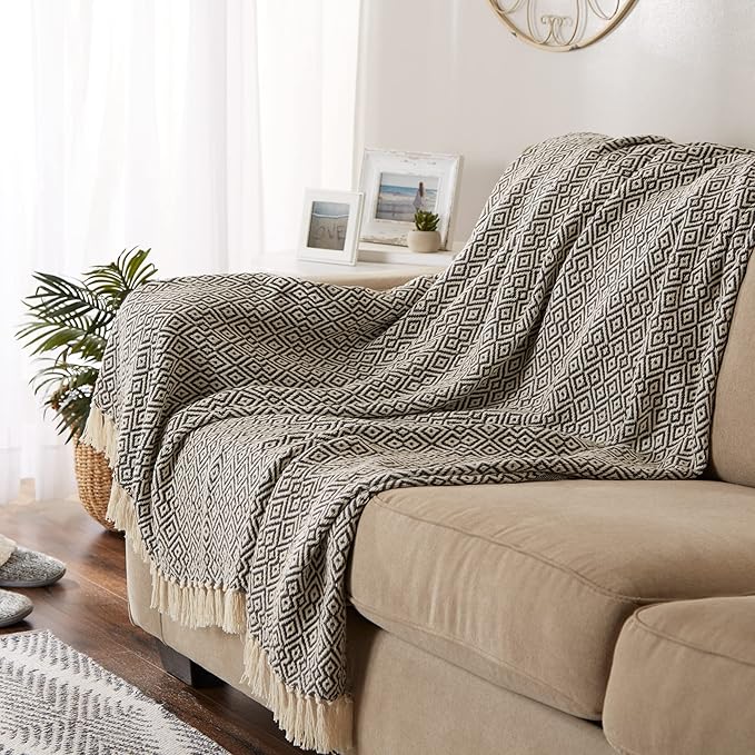 DII Rustic Farmhouse Double Diamond Woven Throw, 50x60, Mineral