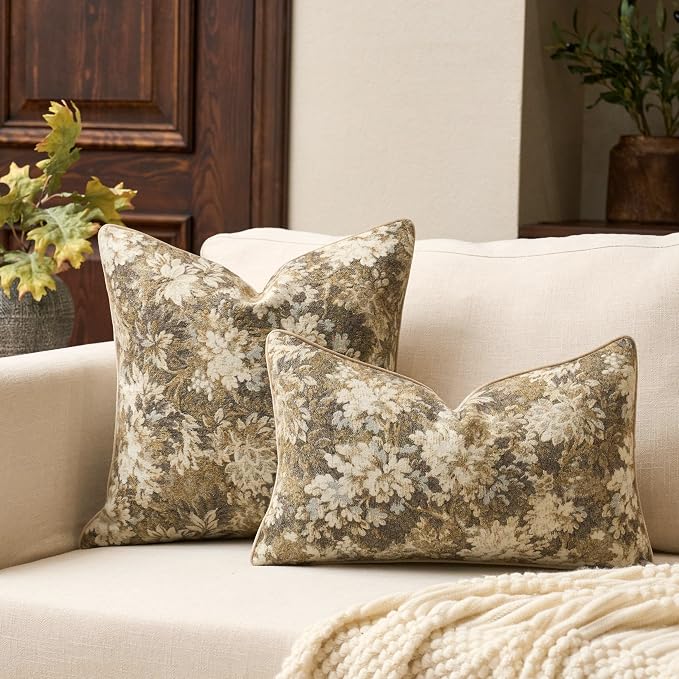 Neutral Floral Pillow Cover 24 x 24 Inches, Vintage Chenille Square Throw Pillow Cover Soft Decorative Farmhouse Accent Couch Pillow Cover for Living Room Bedroom, Beige