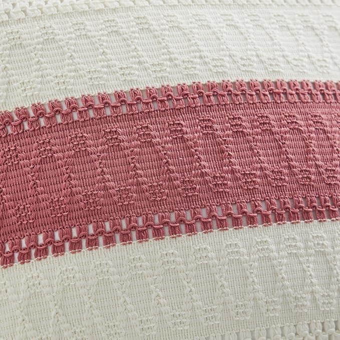 2pk Boho Pillow Covers 20x20, Natural White/Contrast/Dusty Pink | 100% Organic Cotton Body, Stripe Embroidery, Farmhouse Decorative Cushion Covers for Sofa Bed Living Room Home Decor