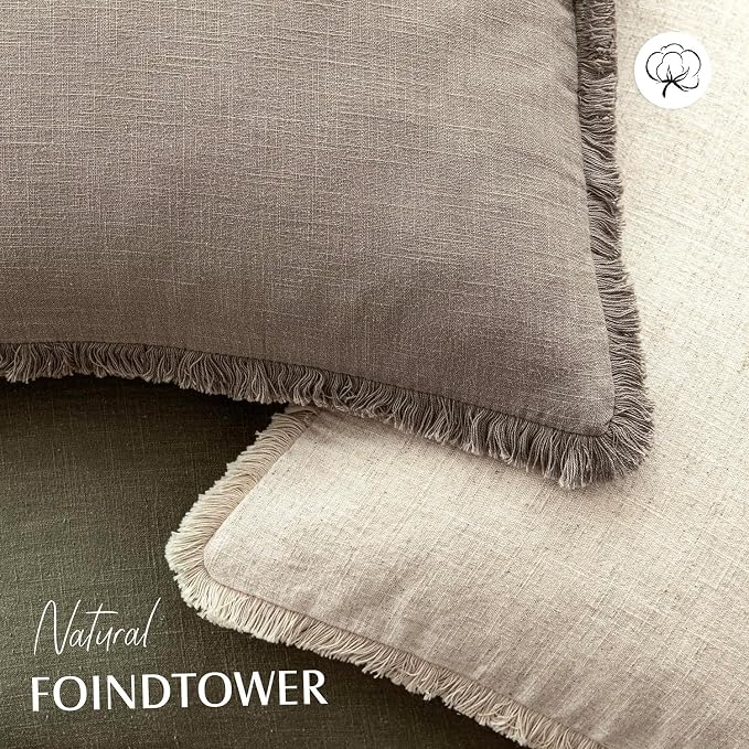 Foindtower Set of 2 Decorative Linen Fringe Lumbar Throw Pillow Covers Boho Farmhouse Cushion Cover with Tassels Soft Accent Pillowcase for Couch Sofa Bed Living Room Home Decor,12×24 Inch,Brown Tan
