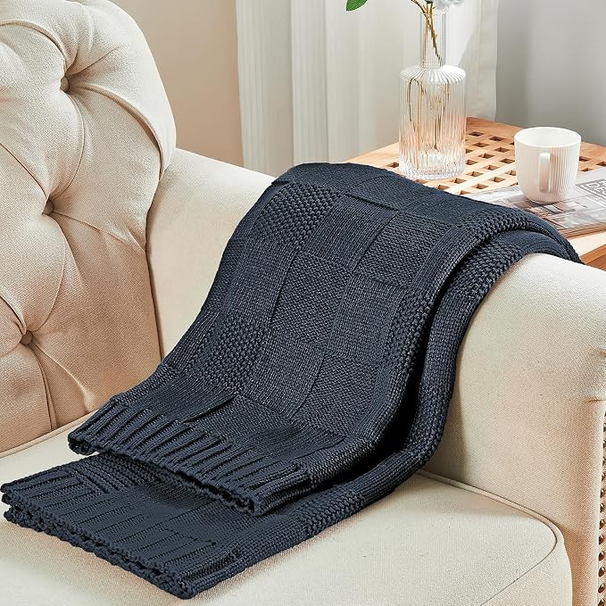 CozeCube Navy Blue Knitted Checkered Throw Blanket 50"X60" | Check Knit Throw for Couch, Decorative Christmas Soft Cozy Warm Blanket for Bed Sofa Living Room