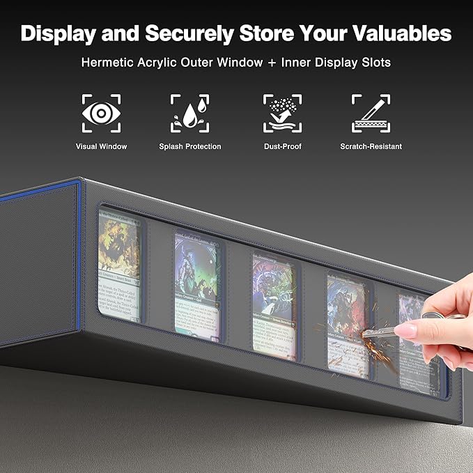 Kabinka MTG Card Storage Box with Handle & Mechanical Latch,5-Row 3900+ Commander Trading Card Case with Sealed Display Window,Top Loaders Organizer Deck Box for MTG/TCG/PTCG/Sports Cards (Black Blue)