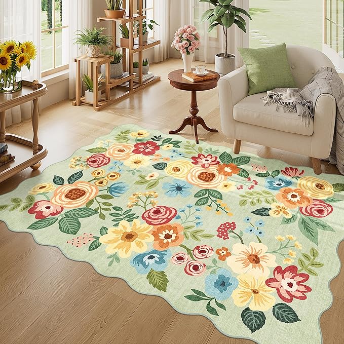 DUKINO 4x6 Area Rug, Non Slip Floral Washable Rug for Living Room, Green | Low Pile, Stain Resistant, Soft Throw Rugs for Bedroom, Office, Dining Room, Nursery, Pet Friendly, Home Decor, Lightweight