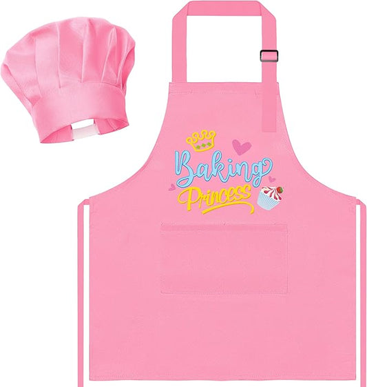R HORSE Kid Apron and Chef Hat Set - 2Pcs Pink Baking Princess Adjustable Children Kitchen Toddler Apron for Girls, Funny Dress up Role Play Chef Toy Birthday Gift for Kids Cooking Baking Painting