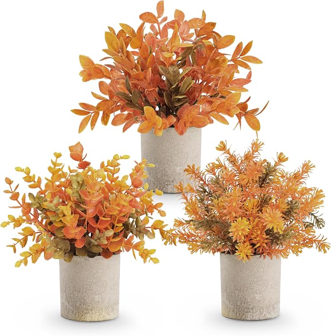 Der Rose 3 Pack Fake Plants Warm Orange Faux Plants for Fall Table Decor | Orange maple-toned eucalyptus, lightweight and compact, maintenance-free, autumn accents for shelf kitchen bedroom entryway