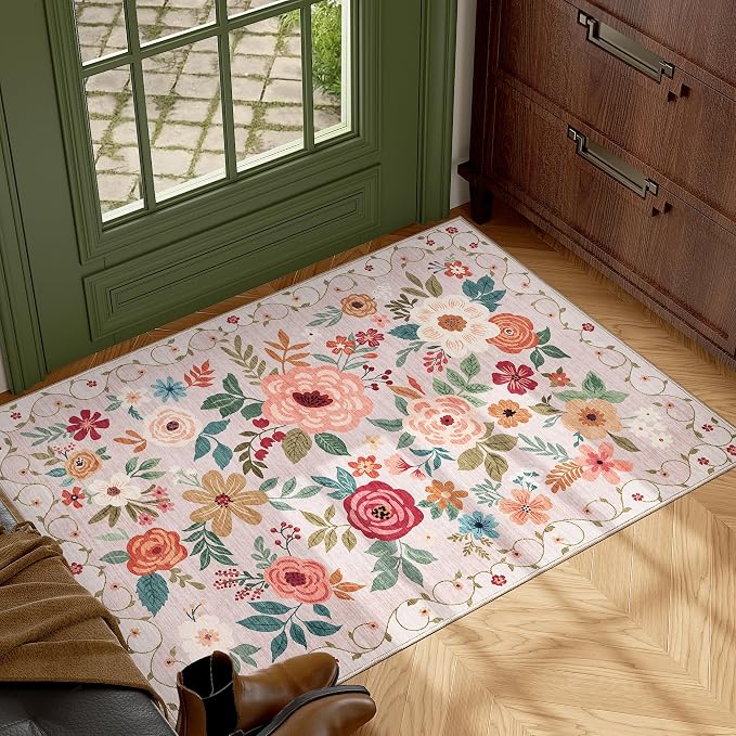 DUKINO 2x3 Entryway Rug, Floral Door Mat Soft Washable Rug Non Slip, Beige | Low Pile, Non-Shedding Small Rug for Kitchen, Entrance, Bedroom, Bathroom, Pet Friendly, Stain Resistant, Modern Home Decor