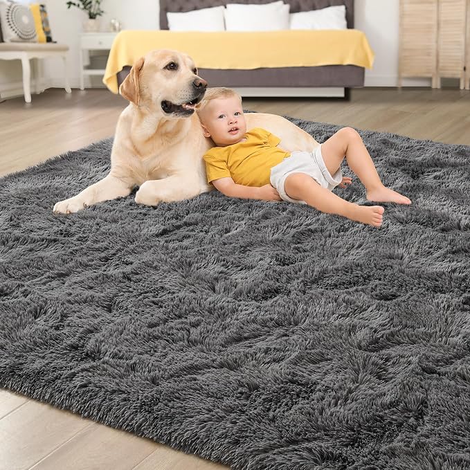 Tepook Soft Fluffy Rugs for Bedroom, 4x6 Area Rug for Living Room, Modern Shaggy Room Rug for Kids Boys Girls, Plush Throw Rugs Indoor Nursery Home Decor Rug with Non-Slip Bottom, Dark Grey