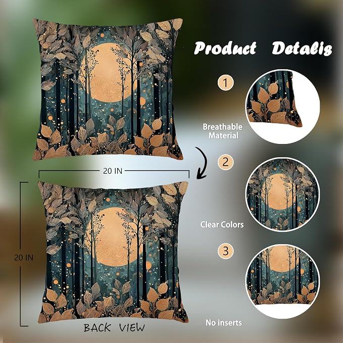 Rustic William Morris Style Gold Moon Pillow Covers 18x18,Vintage Black and Gold Forest Moon Botanical Nature Landscape Decorative Throw Pillow Covers for Home Bedroom Living Room