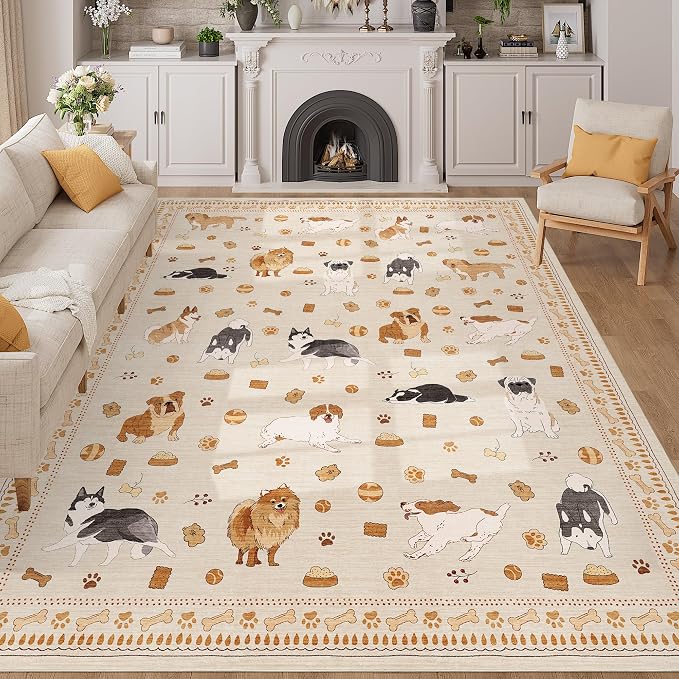 DUKINO 8x10 Area Rug, Washable Dog Rugs for Living Room Soft, Beige Yellow | Non Slip, Low Pile, Non-Shedding, Stain Resistant Animal Carpet for Bedroom Dining Room Nursery Farmhouse, Pet & Kid Friendly