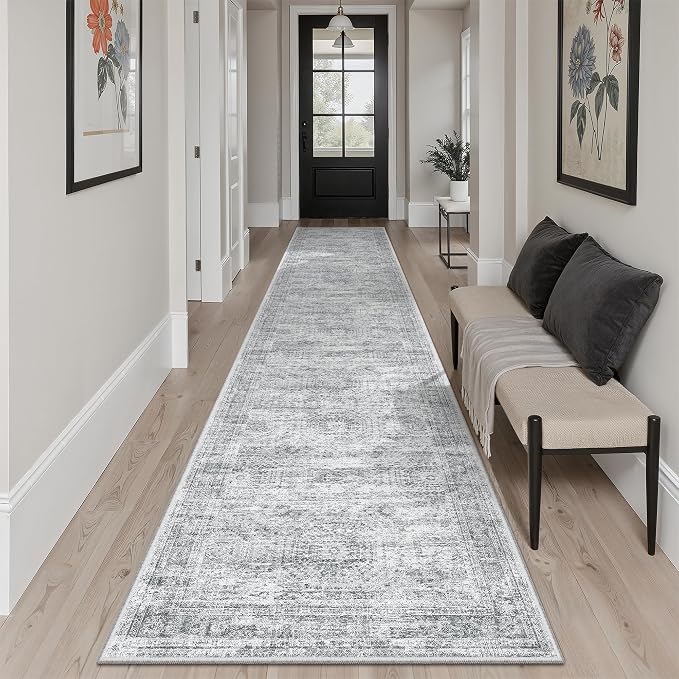 Soalmost Runner Rug 2x10 Washable Non-Slip Hallway Kitchen Runners Grey | Stain Resistant Vintage Rugs for Bathroom Laundry Room, Low Pile Foldable Floor Carpet Mat for Entryway Corridor Bedroom