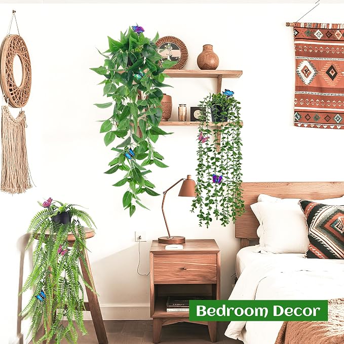 Der Rose 4 Pcs Fake Hanging Plants with Butterflies for Shelf Wall Decor | Artificial Eucalyptus Ivy Vines Faux Potted Hanging Plants Indoor for Bathroom Kitchen Office Wall Shelf Outdoor Decor