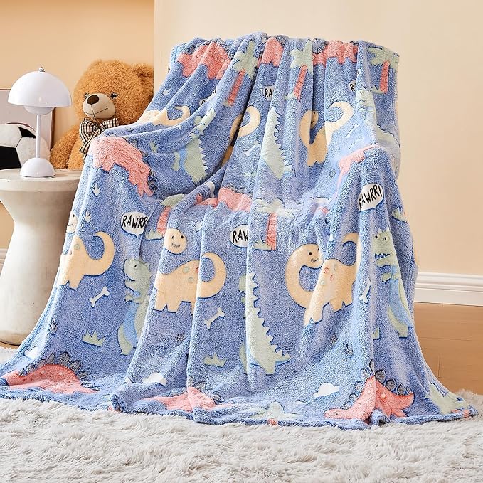 Wajade Dino Gifts Toys for Boys Girls - Glow in The Dark Dinosaur Blanket Birthday Christmas Decor for Kids Age 3 4 5 6 7 8 9 10 11 12 Years Old Teens Child Toddler Throw Colorful 50"x60"