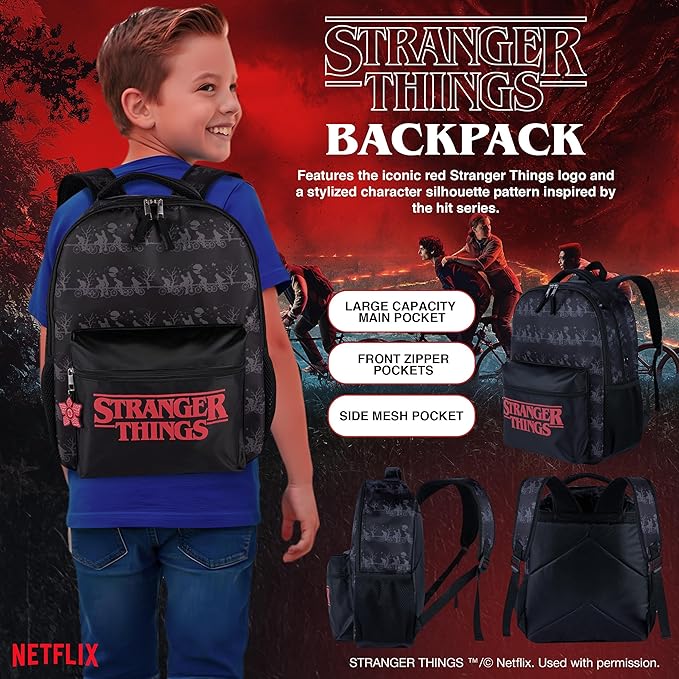 AI ACCESSORY INNOVATIONS Stranger Things Backpack with Character Graphic Pattern, Black, 16x12x5 Inches, Polyester, 3 Pockets, Water Repellent, Adjustable Straps, Padded Back