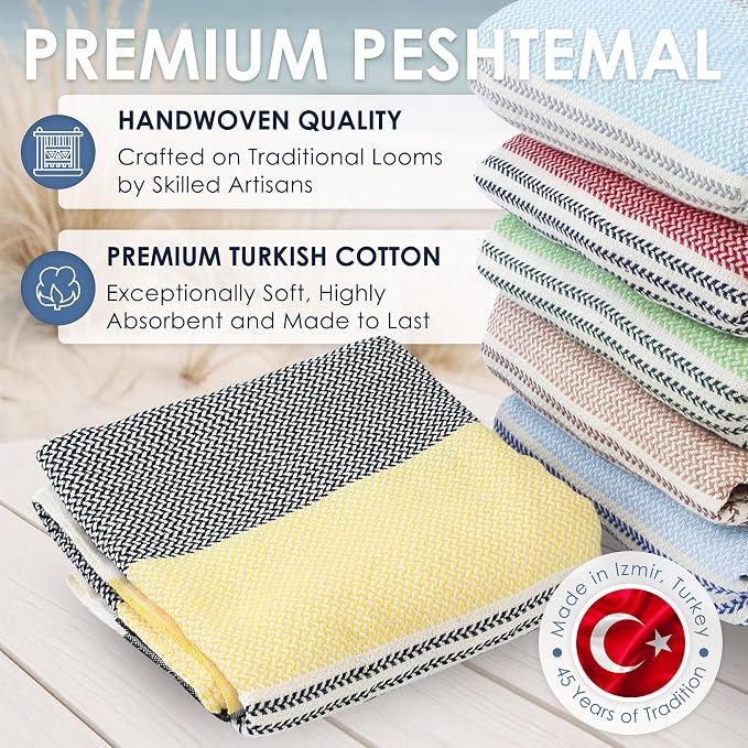 ATANI Turkish Beach Towel (71x39 Inches), Converts to a Bag, Oversized 100% Cotton Bath Towels Lightweight Quick-Dry Beach Blanket for Travel, Picnic, Camping, Yoga and Pool (Black x Yellow)