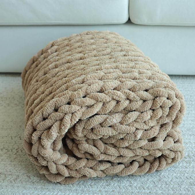 Maetoow Chenille Chunky Knit Blanket,Handmade Cozy for Home Decor,50×60,Khaki