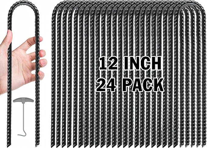 Gtongoko Trampoline Stakes, Trampoline Accessories, Ground Stakes Heavy Duty with T Hook, Ground Anchors, Rebar Stakes, High Wind Tent Anchors, Galvanized Steel, U Shaped, Black
