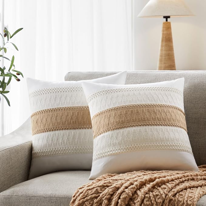 2pk Boho Pillow Covers 20x20, Natural White/Contrast/Brown | 100% Organic Cotton Body, Stripe Embroidery, Farmhouse Decorative Cushion Covers for Sofa Bed Living Room Home Decor