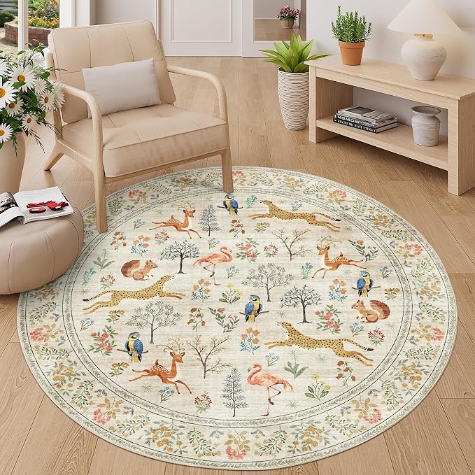 DUKINO 5ft Round Rug, Washable Animal Non Slip Circle Area Rug, Beige | Low Pile, Soft, Non-Shedding Indoor Round Carpet for Bedroom, Living Room, Farmhouse, Farmhouse, Pet Friendly, Lightweight