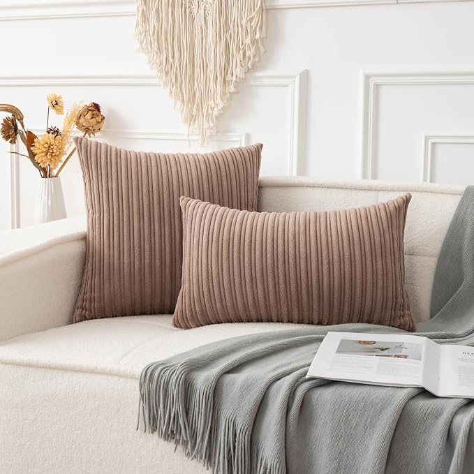 UGASA Soft Velvet Stripe Decorative Lumbar Pillow Cover 1 Pack Solid Corduroy Textured Euro Oblong Cushion Case for Couch Bedroom Sofa Farmhouse, 12x20 Inch, Light Brown